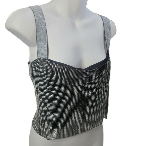 Tops - Rhinestone Crop Tank Top Womens M Silver Crystal Mesh Lace Up Back Clubwear